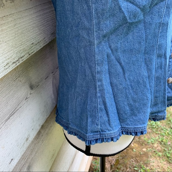 True Vintage 70s Blue Cotton Denim Ruffled Trim Button Down Short Sleeve Blouse - Picture 14 of 16